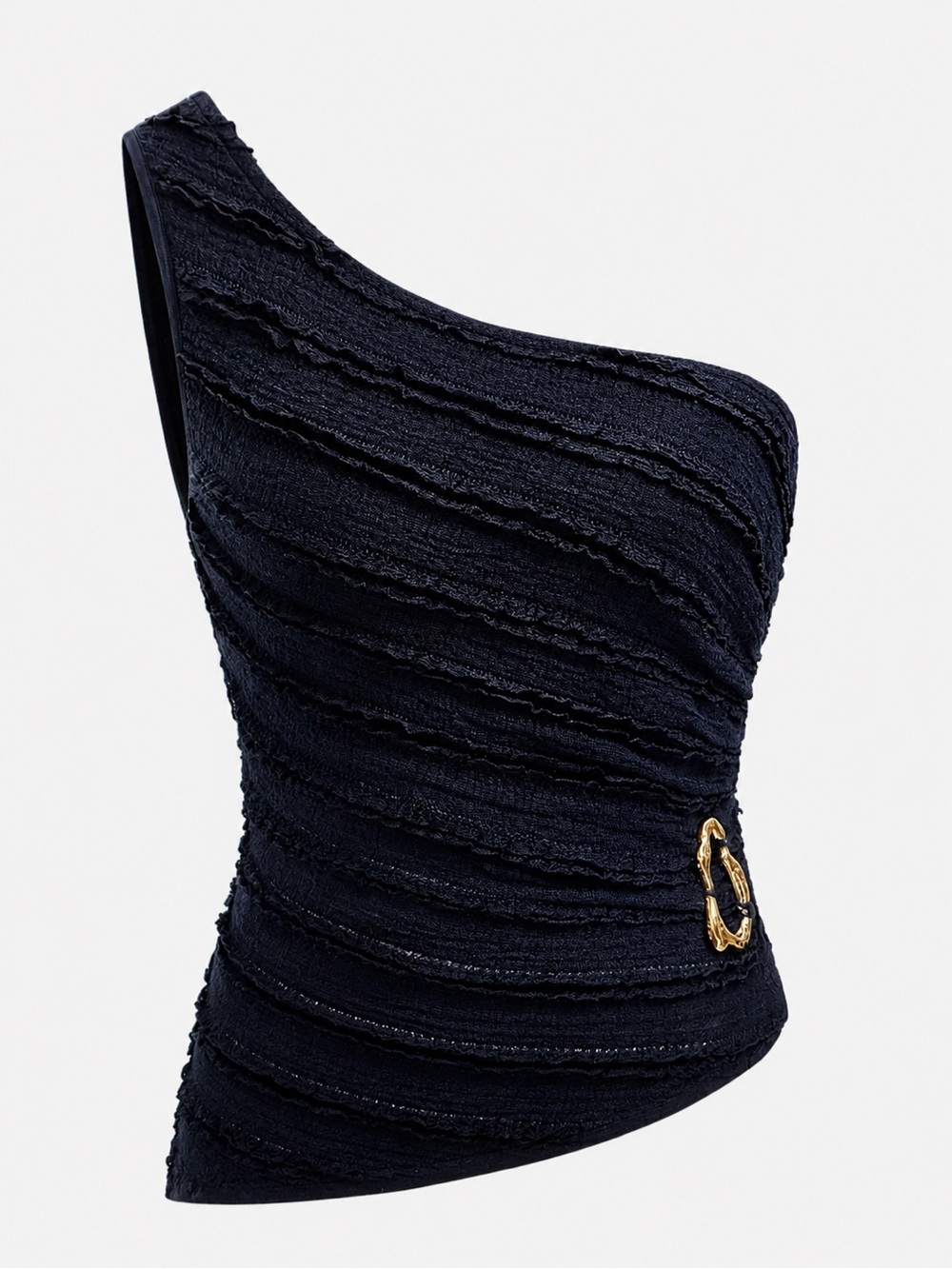 New with Tag! Commense One-Shoulder Navy Textured Top with Gold Accent Sz L